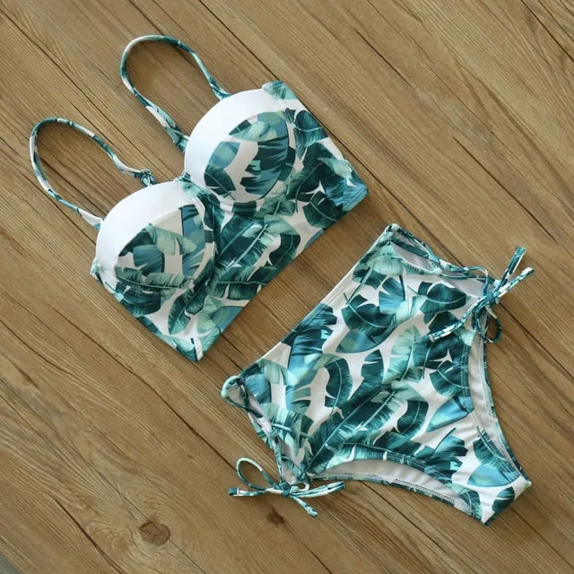 2 Piece Leaf Print Bikinis Women Swimsuit Vintage Retro Bathing Suit Halter High Waist Swimwear