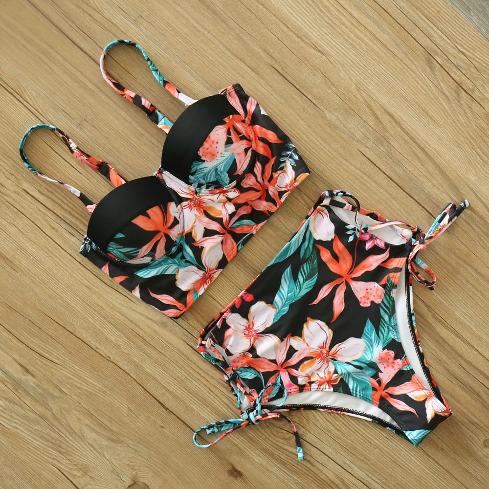 2 Piece Leaf Print Bikinis Women Swimsuit Vintage Retro Bathing Suit Halter High Waist Swimwear