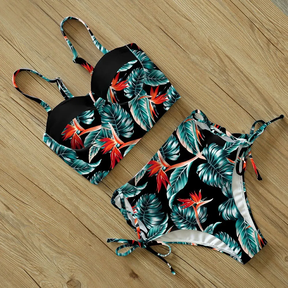 2 Piece Leaf Print Bikinis Women Swimsuit Vintage Retro Bathing Suit Halter High Waist Swimwear