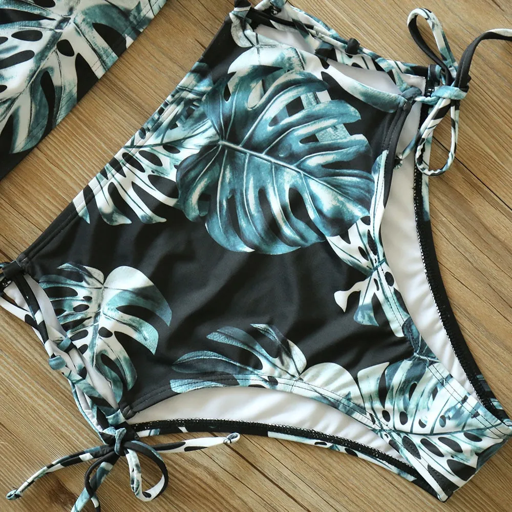 2 Piece Leaf Print Bikinis Women Swimsuit Vintage Retro Bathing Suit Halter High Waist Swimwear