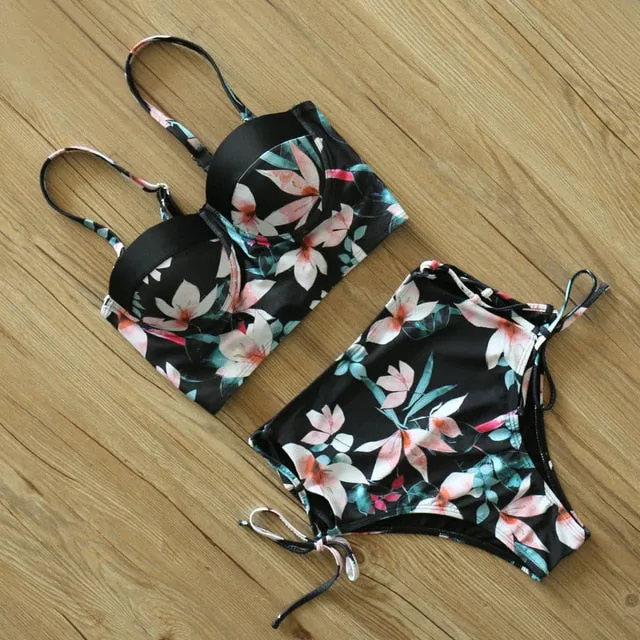 2 Piece Leaf Print Bikinis Women Swimsuit Vintage Retro Bathing Suit Halter High Waist Swimwear