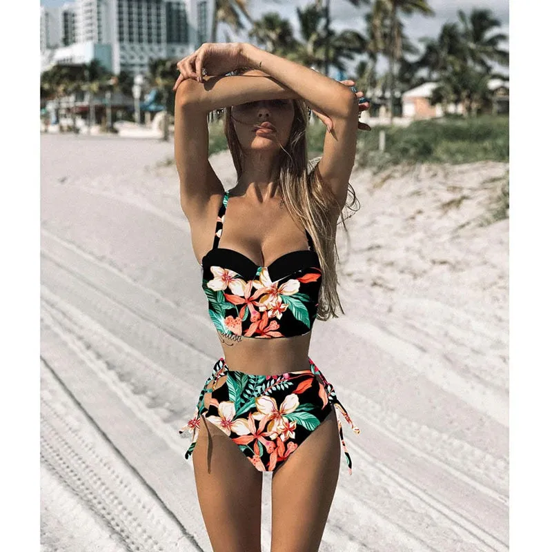 2 Piece Leaf Print Bikinis Women Swimsuit Vintage Retro Bathing Suit Halter High Waist Swimwear