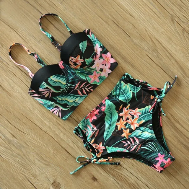 2 Piece Leaf Print Bikinis Women Swimsuit Vintage Retro Bathing Suit Halter High Waist Swimwear