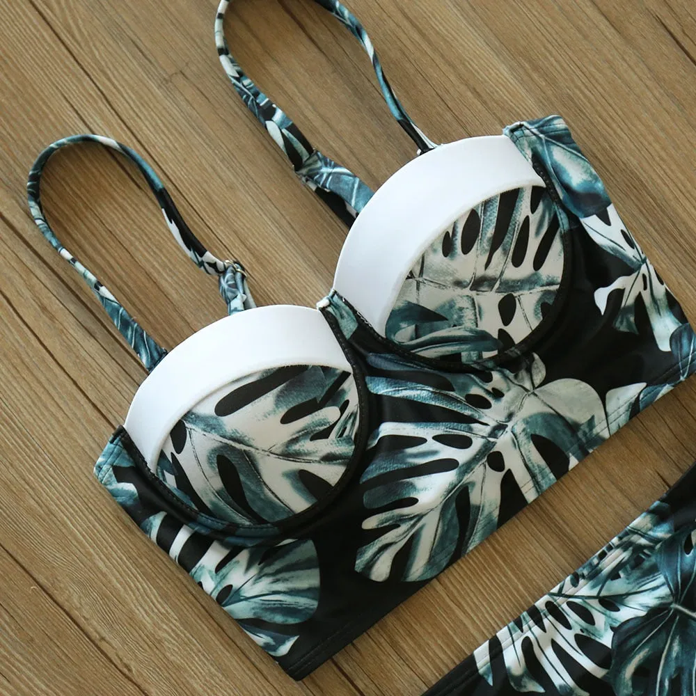 2 Piece Leaf Print Bikinis Women Swimsuit Vintage Retro Bathing Suit Halter High Waist Swimwear