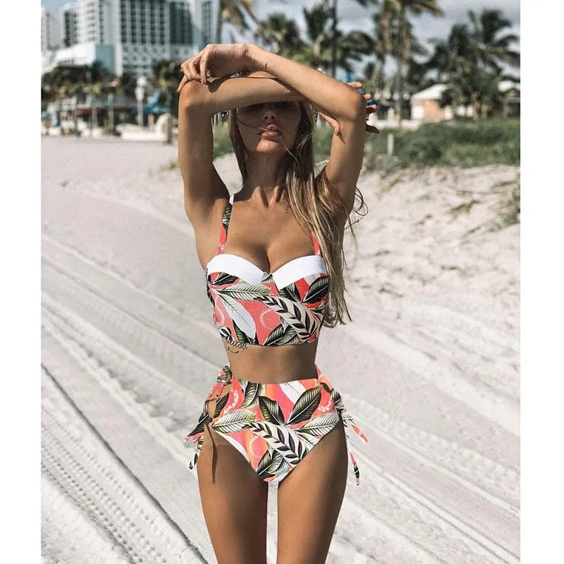 2 Piece Leaf Print Bikinis Women Swimsuit Vintage Retro Bathing Suit Halter High Waist Swimwear