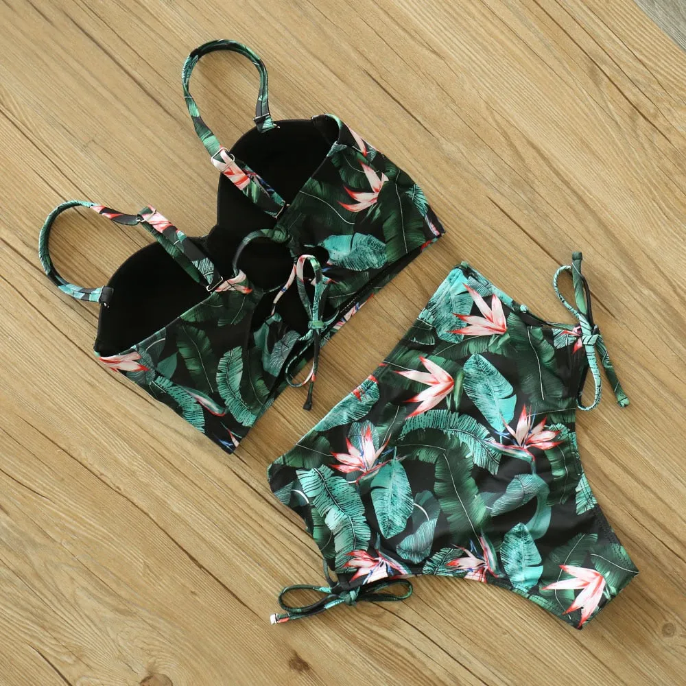 2 Piece Leaf Print Bikinis Women Swimsuit Vintage Retro Bathing Suit Halter High Waist Swimwear