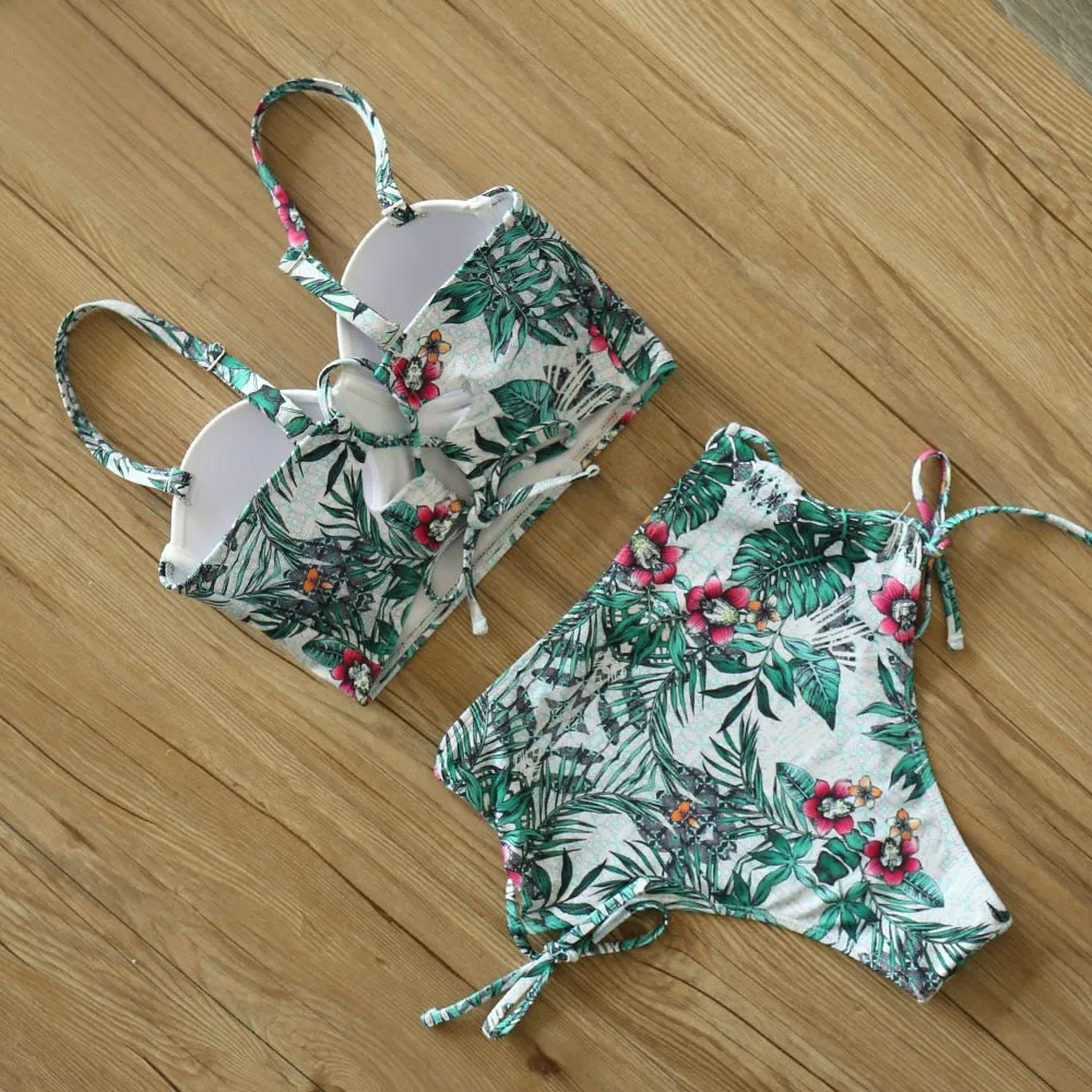 2 Piece Leaf Print Bikinis Women Swimsuit Vintage Retro Bathing Suit Halter High Waist Swimwear