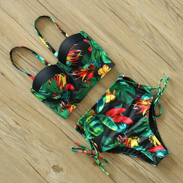 2 Piece Leaf Print Bikinis Women Swimsuit Vintage Retro Bathing Suit Halter High Waist Swimwear