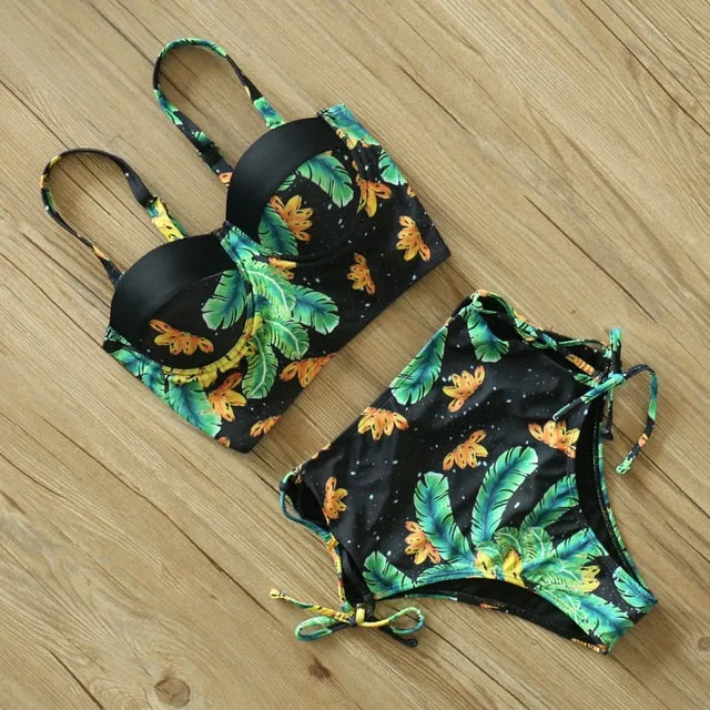 2 Piece Leaf Print Bikinis Women Swimsuit Vintage Retro Bathing Suit Halter High Waist Swimwear