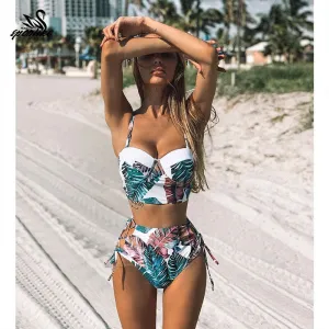 2 Piece Leaf Print Bikinis Women Swimsuit Vintage Retro Bathing Suit Halter High Waist Swimwear