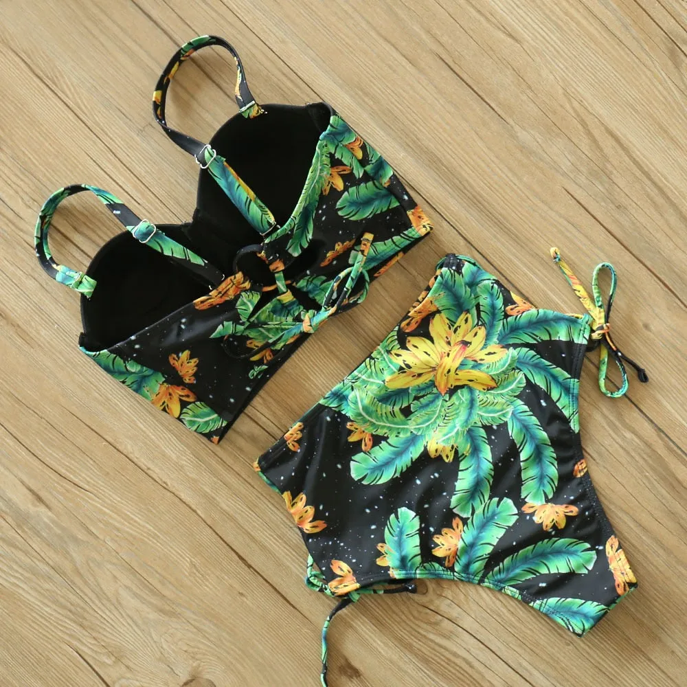 2 Piece Leaf Print Bikinis Women Swimsuit Vintage Retro Bathing Suit Halter High Waist Swimwear