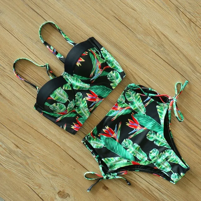 2 Piece Leaf Print Bikinis Women Swimsuit Vintage Retro Bathing Suit Halter High Waist Swimwear