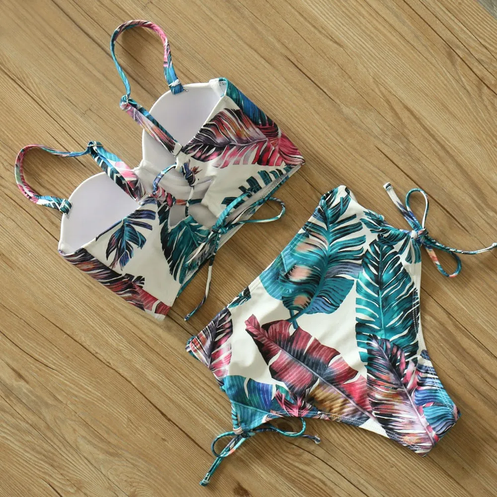 2 Piece Leaf Print Bikinis Women Swimsuit Vintage Retro Bathing Suit Halter High Waist Swimwear