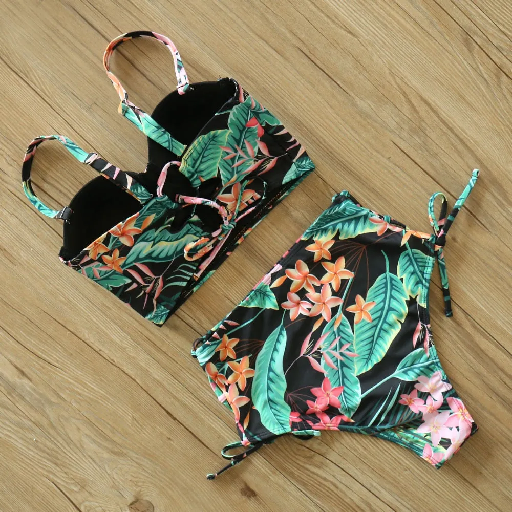 2 Piece Leaf Print Bikinis Women Swimsuit Vintage Retro Bathing Suit Halter High Waist Swimwear