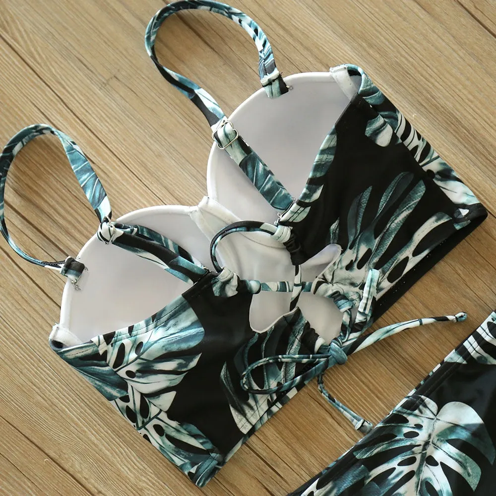 2 Piece Leaf Print Bikinis Women Swimsuit Vintage Retro Bathing Suit Halter High Waist Swimwear