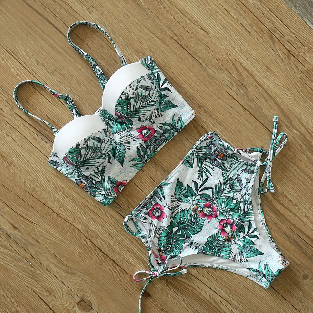 2 Piece Leaf Print Bikinis Women Swimsuit Vintage Retro Bathing Suit Halter High Waist Swimwear