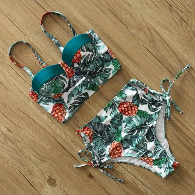 2 Piece Leaf Print Bikinis Women Swimsuit Vintage Retro Bathing Suit Halter High Waist Swimwear