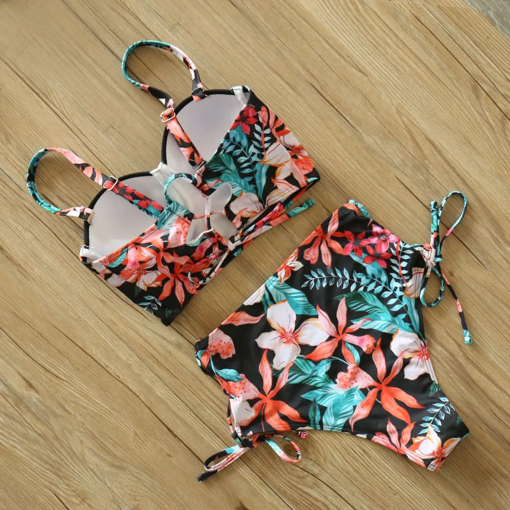 2 Piece Leaf Print Bikinis Women Swimsuit Vintage Retro Bathing Suit Halter High Waist Swimwear