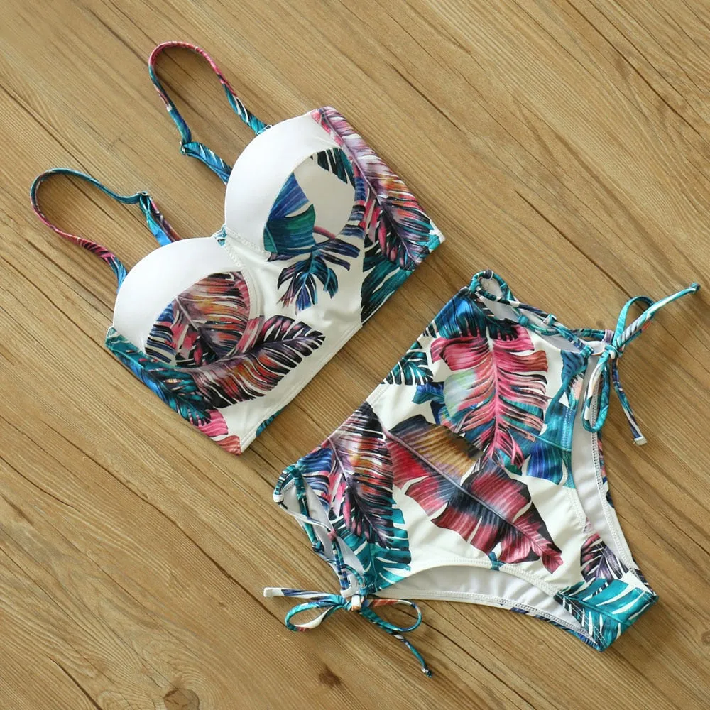 2 Piece Leaf Print Bikinis Women Swimsuit Vintage Retro Bathing Suit Halter High Waist Swimwear