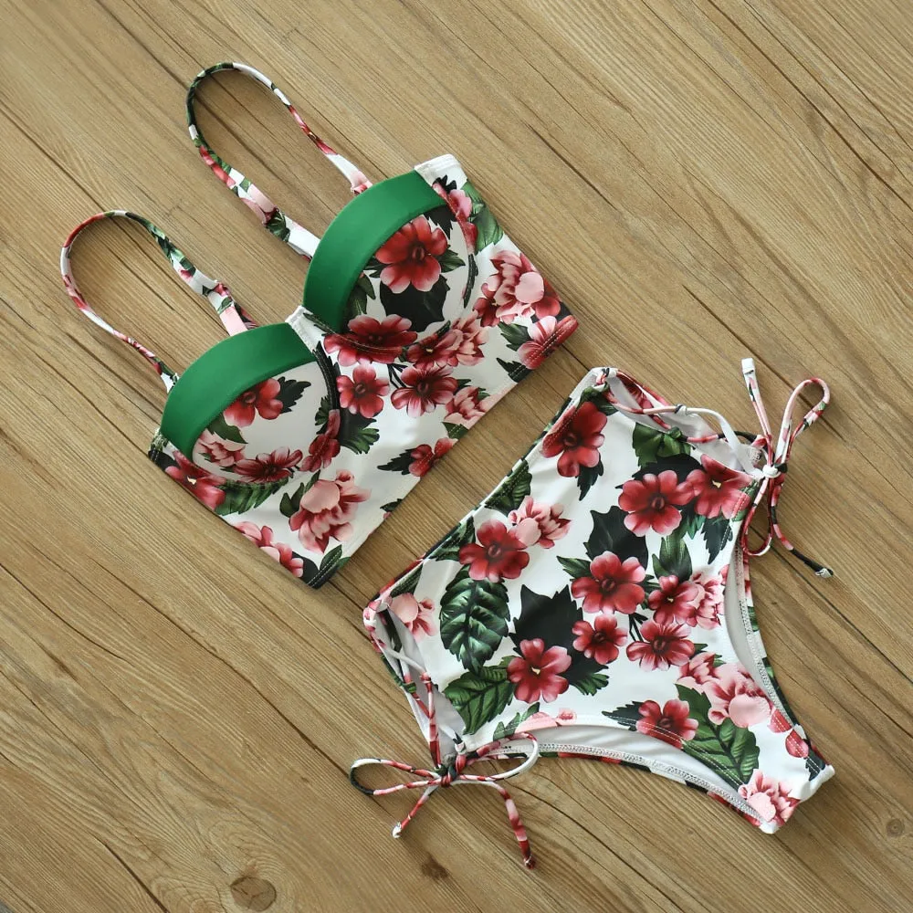 2 Piece Leaf Print Bikinis Women Swimsuit Vintage Retro Bathing Suit Halter High Waist Swimwear