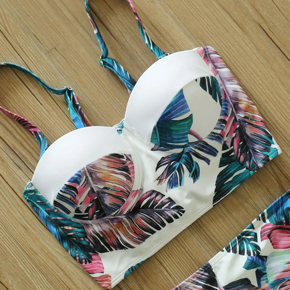 2 Piece Leaf Print Bikinis Women Swimsuit Vintage Retro Bathing Suit Halter High Waist Swimwear