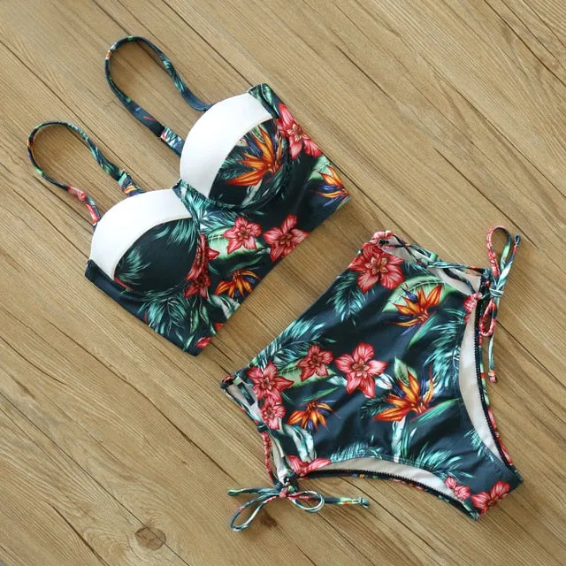 2 Piece Leaf Print Bikinis Women Swimsuit Vintage Retro Bathing Suit Halter High Waist Swimwear