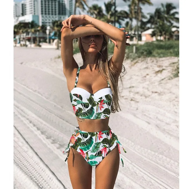 2 Piece Leaf Print Bikinis Women Swimsuit Vintage Retro Bathing Suit Halter High Waist Swimwear