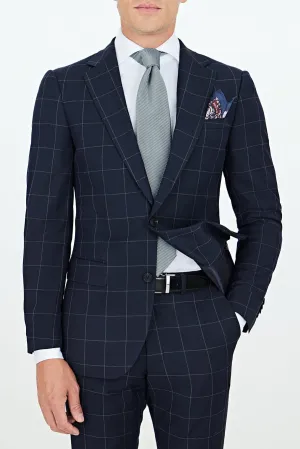 2 Piece Navy Blue Business Casual Notch Lapel Plaid Men Suit (Blazer Pants）