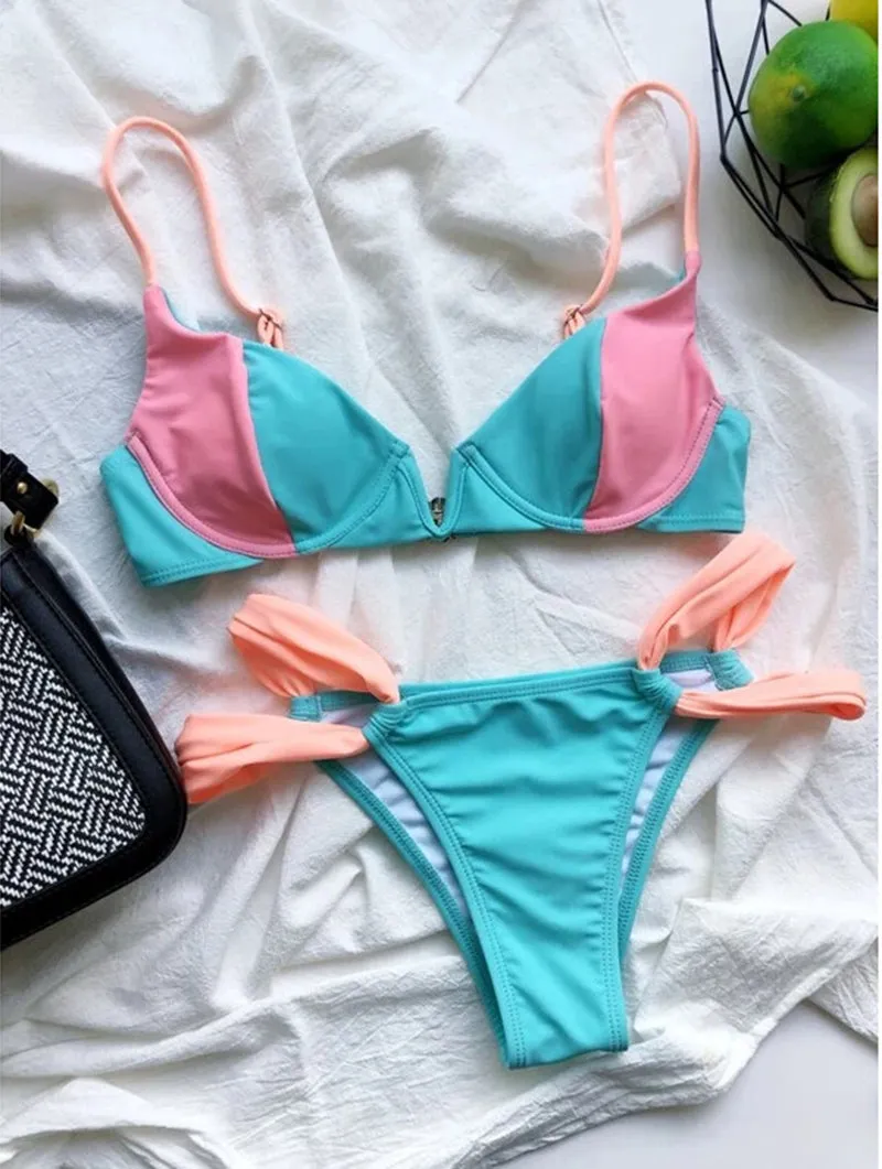 2 Piece Push Up Swimwear Patchwork Swimsuit Bikini Sets Beach Swim Bathing Suit