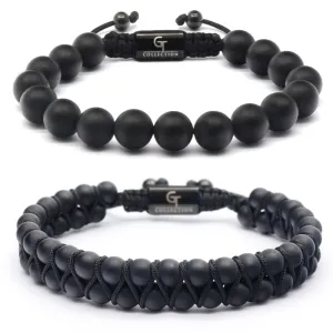 2 PIECE SET - BLACK ONYX Single Bead & Double Bead Bracelet