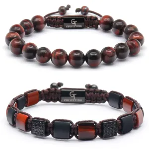 2 PIECE SET - RED TIGER EYE Single Bead & Flatbead Bracelet