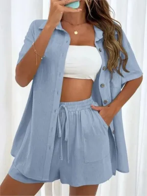 2 piece set Women's Solid Button Front Shirt & Tie Front Shorts Set