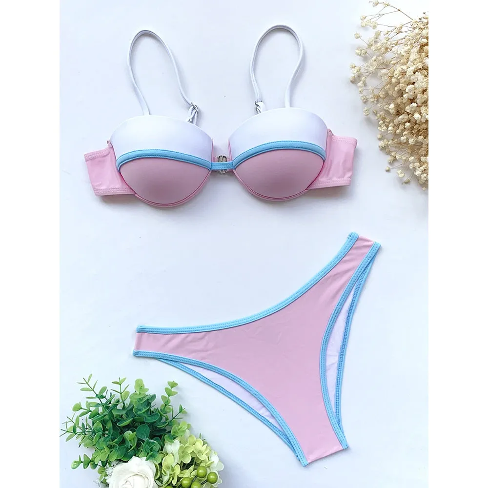 2 Piece Underwired Push Up Splicing Swimwear Swimsuit Brazilian Bikini Set Bathing Suit Beachwear