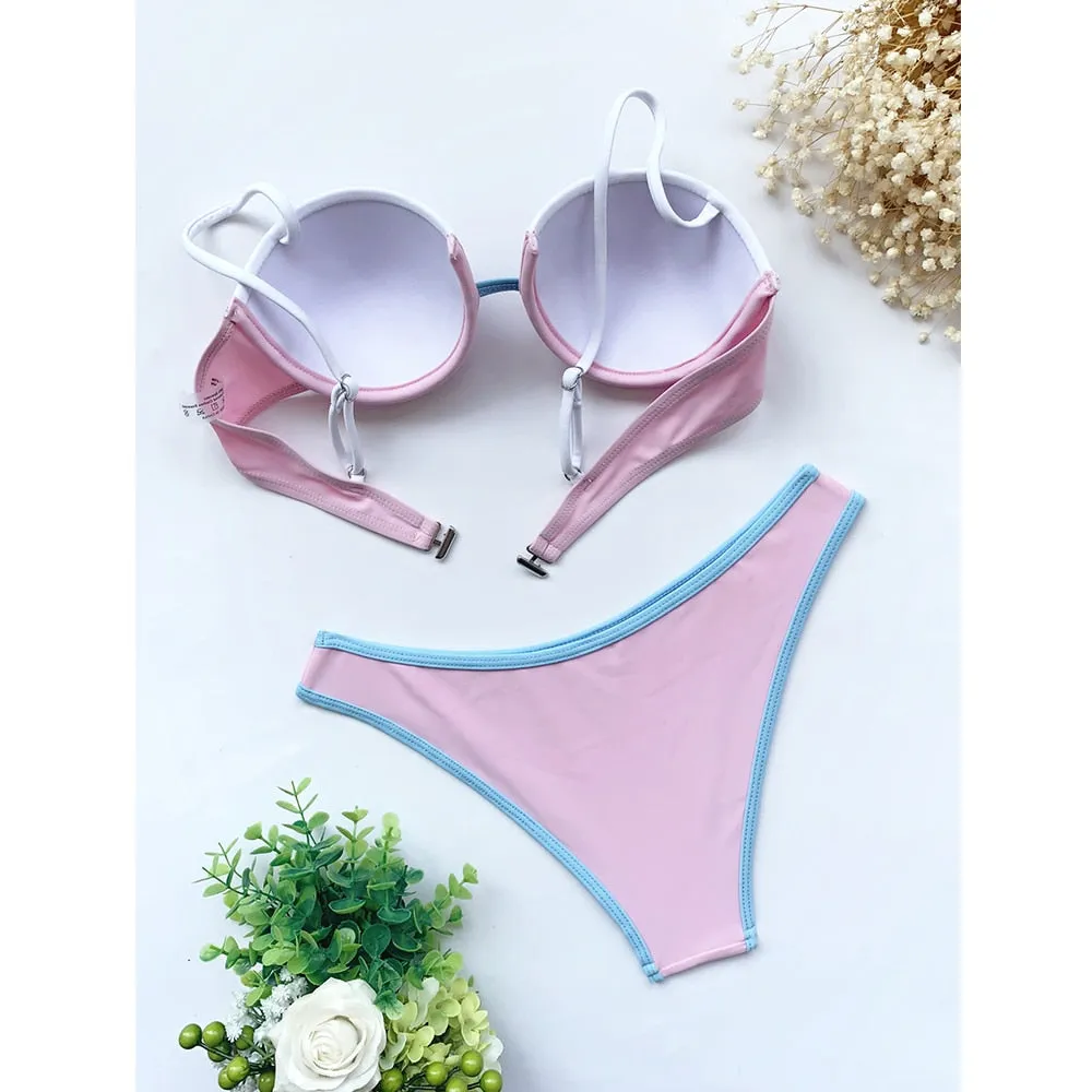 2 Piece Underwired Push Up Splicing Swimwear Swimsuit Brazilian Bikini Set Bathing Suit Beachwear