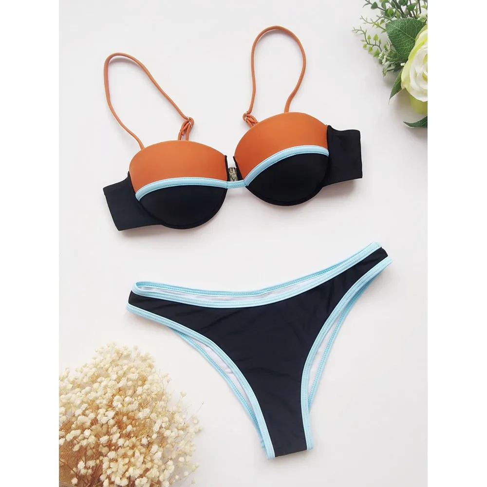 2 Piece Underwired Push Up Splicing Swimwear Swimsuit Brazilian Bikini Set Bathing Suit Beachwear