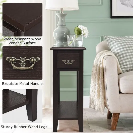 2 Tier End Bedside Sofa Side Table Narrow Nightstand-Espresso