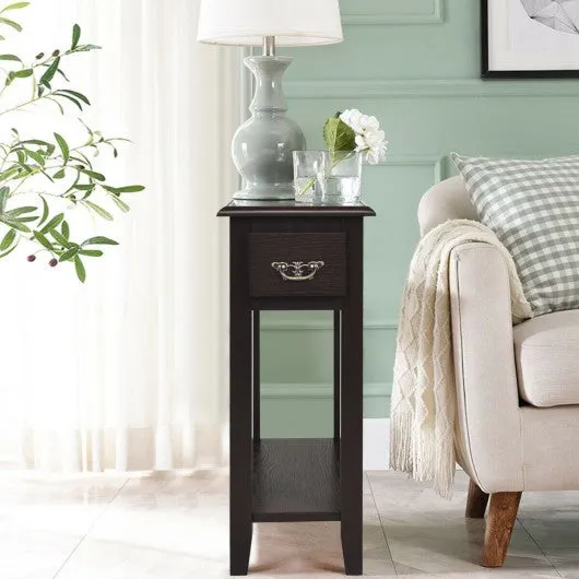 2 Tier End Bedside Sofa Side Table Narrow Nightstand-Espresso