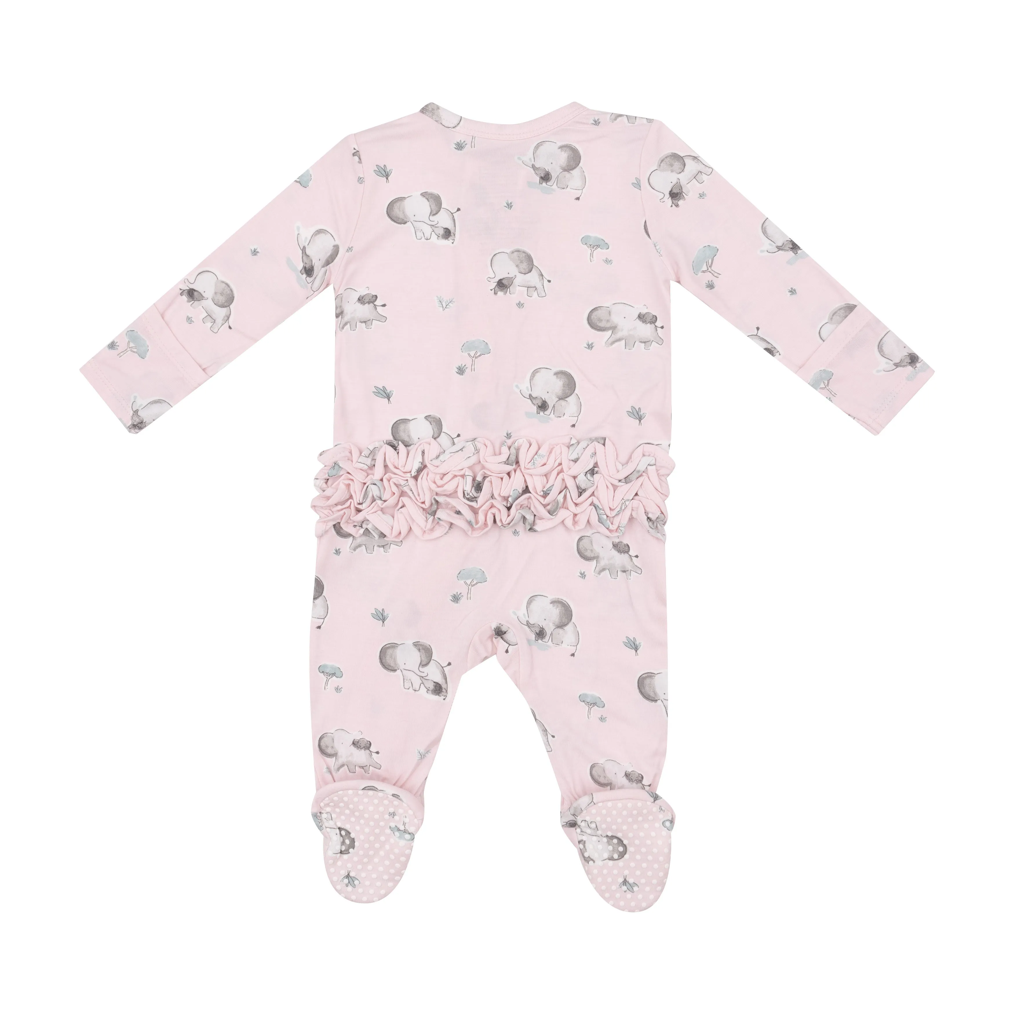 2 Way Ruffle Zipper Footie - Gray Elephants - Pink