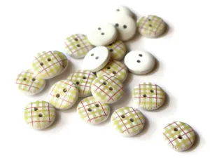 20 13mm Yellow Tartan Plaid Two Hole Round Buttons White Wooden Buttons