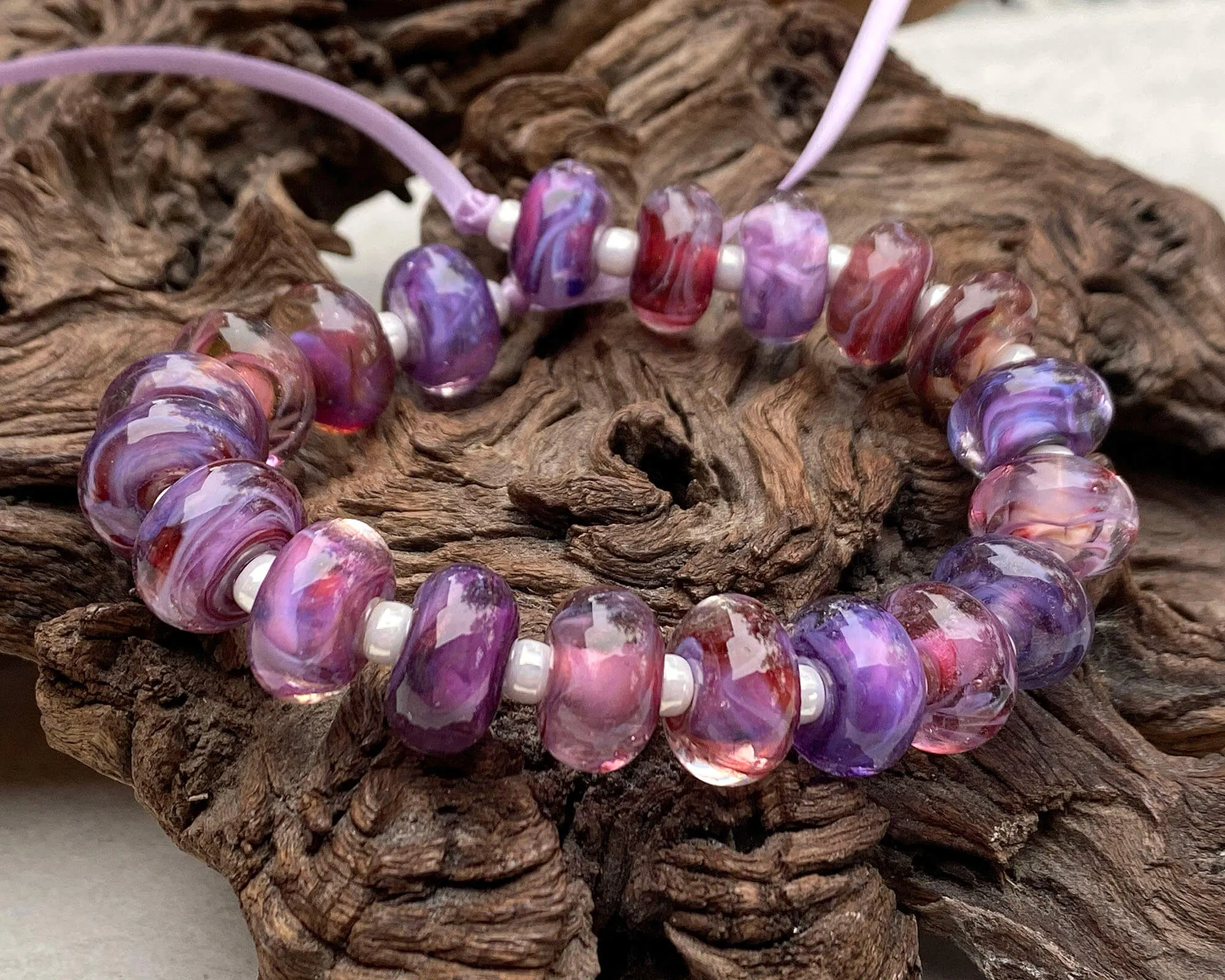 20 Purple Pink Swirl Lampwork Beads Set SRA