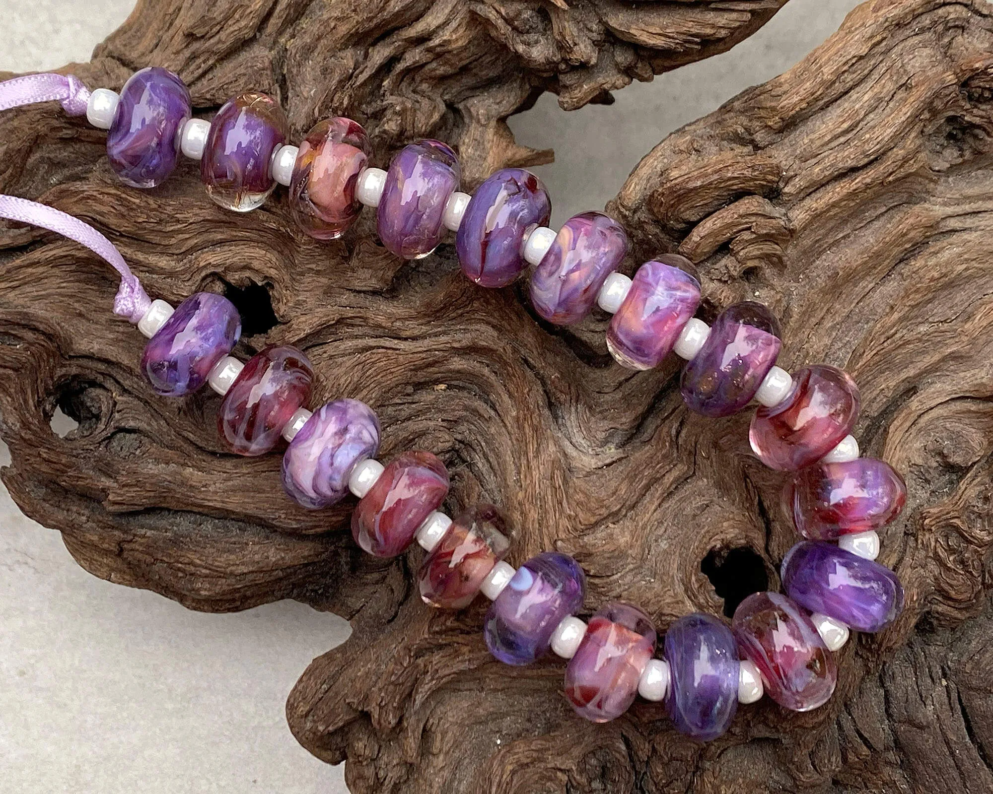 20 Purple Pink Swirl Lampwork Beads Set SRA