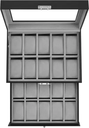 20-Slot Watch Box 2 Layers Glass Lid Synthetic Leather - SONGMICS