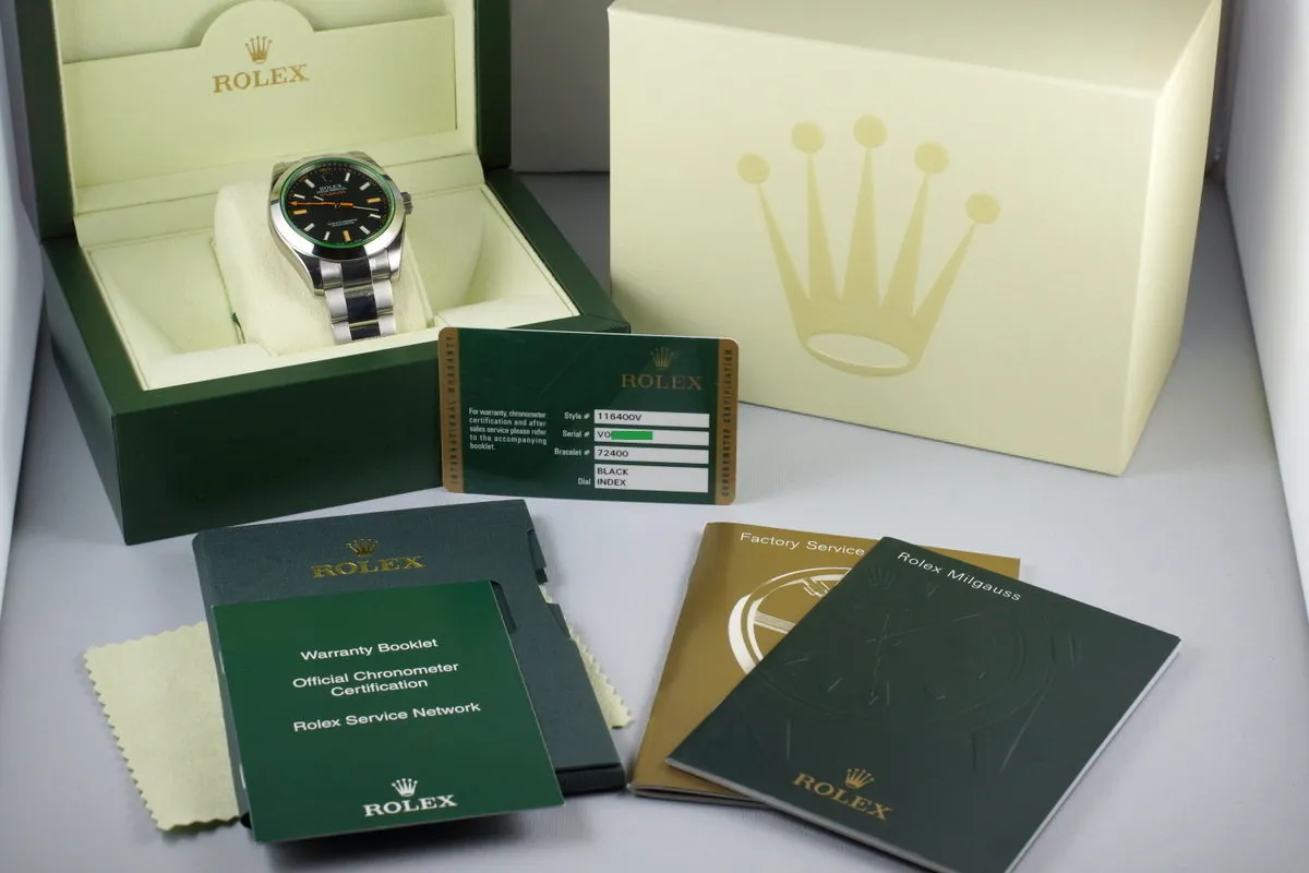 2009 Rolex Milgauss Green 116400V with Box and Papers MINT with Stickers