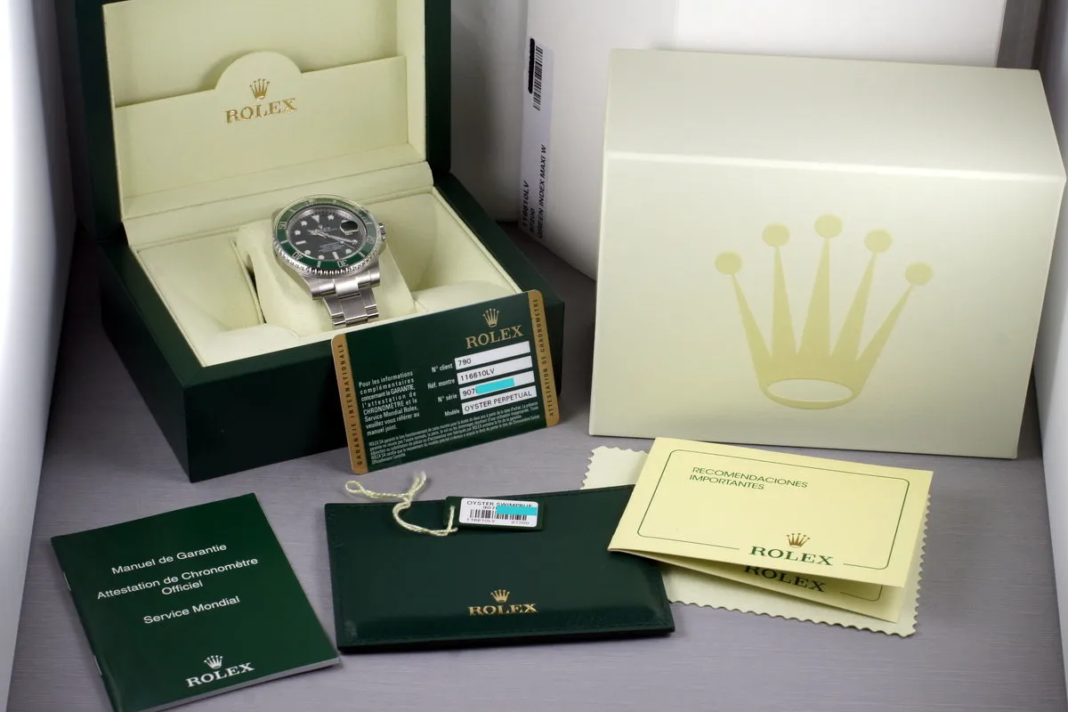 2014 Rolex Green Submariner 116610LV with Box and Papers MINT