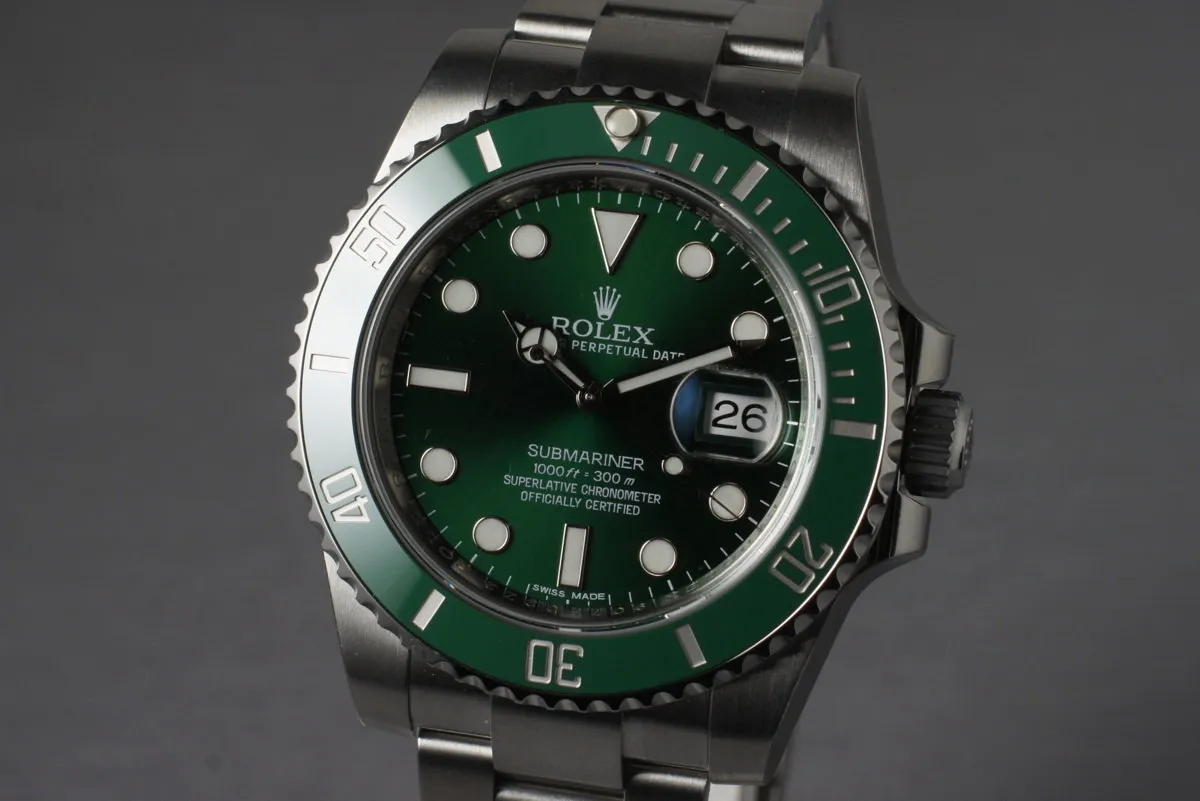 2014 Rolex Green Submariner 116610LV with Box and Papers MINT