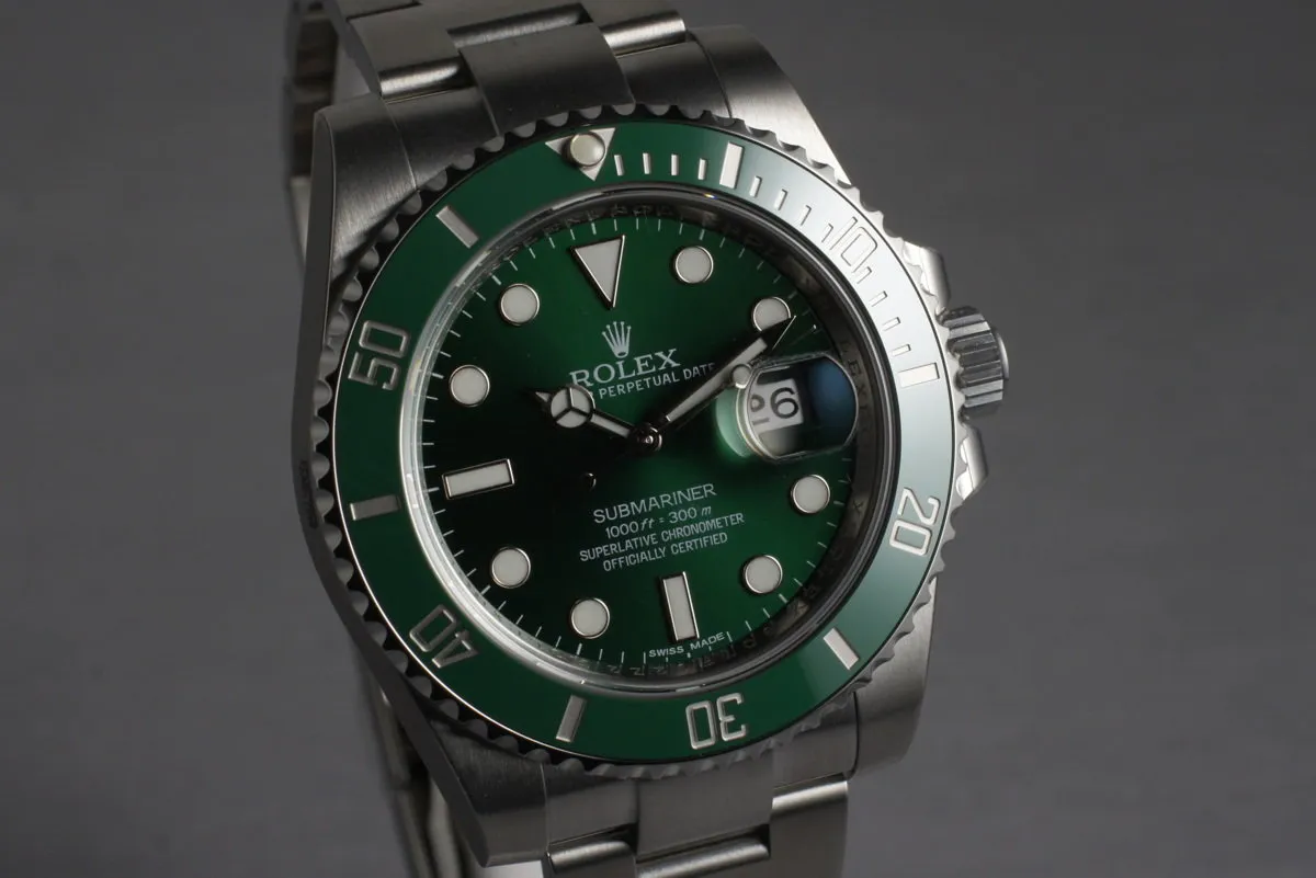 2014 Rolex Green Submariner 116610LV with Box and Papers MINT