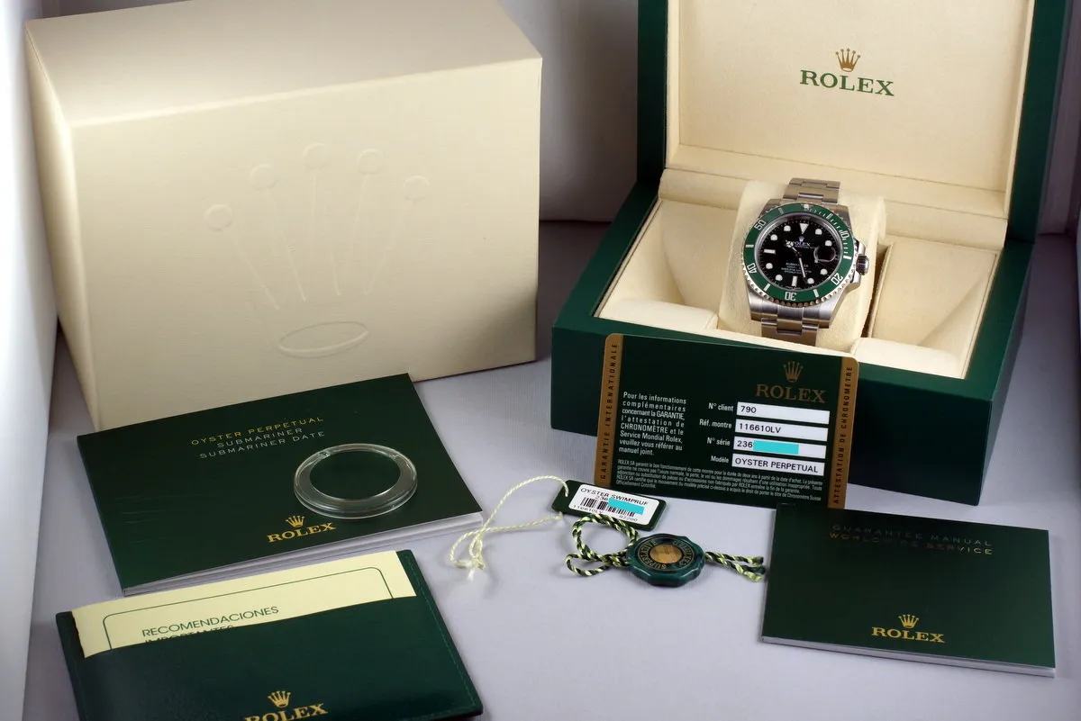 2015 Rolex Green Submariner 116610LV with Box and Papers MINT