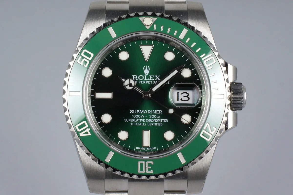 2015 Rolex Green Submariner 116610LV with Box and Papers MINT