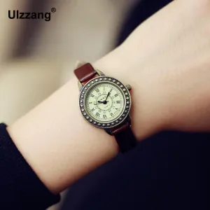 2017 Fashion Classic Vintage Magic Rome Dial Brass Alloy Thin Leather Strap Quartz Wristwatch Watch for Women Ladies Girls