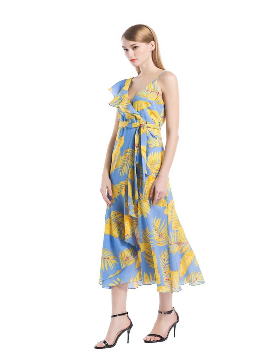 2018 Printed Leaf Sexy Maxi Dress